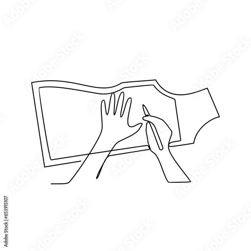 One continuous line drawing of clothing factory working activity with white background. clothing factory working activity design in simple linear style. clothing factory working people design concept 