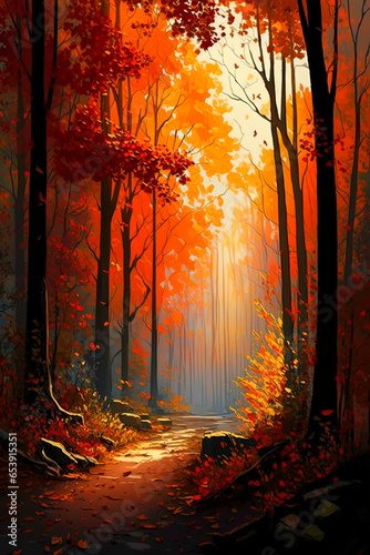The beautiful scenery of autumn forest. Generative AI