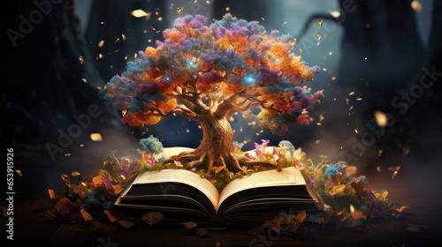 A magical tree is growing from a magical book. A world of fantasy and fairy tales, Generative AI