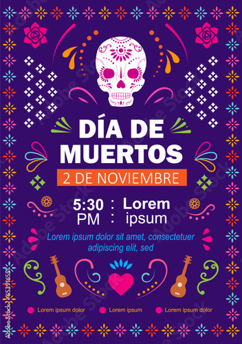 Cartel del día de muertos, festividad mexicana con calavera y flores