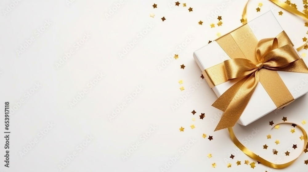 Golden luxury gift box with a golden ribbon on white background, flat lay, top view Golden luxury gift box with a golden ribbon on white background, flat lay, top view