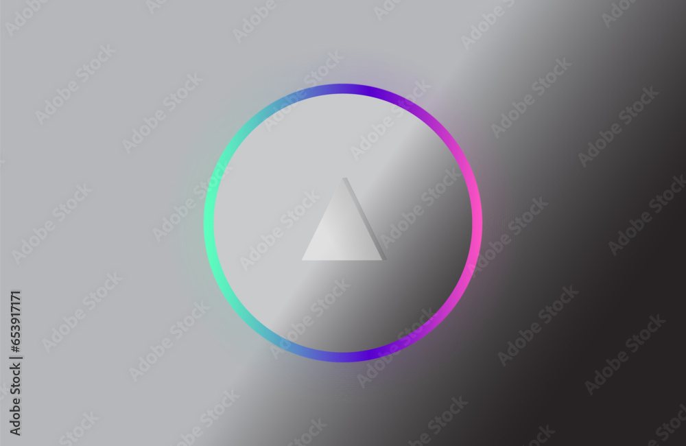 Silver button with arrow, silver background, colorful circle, neon light Silver button with arrow, silver background, colorful circle, neon light