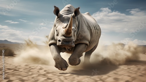 Angry aggressive rhinoceros running towards the camera