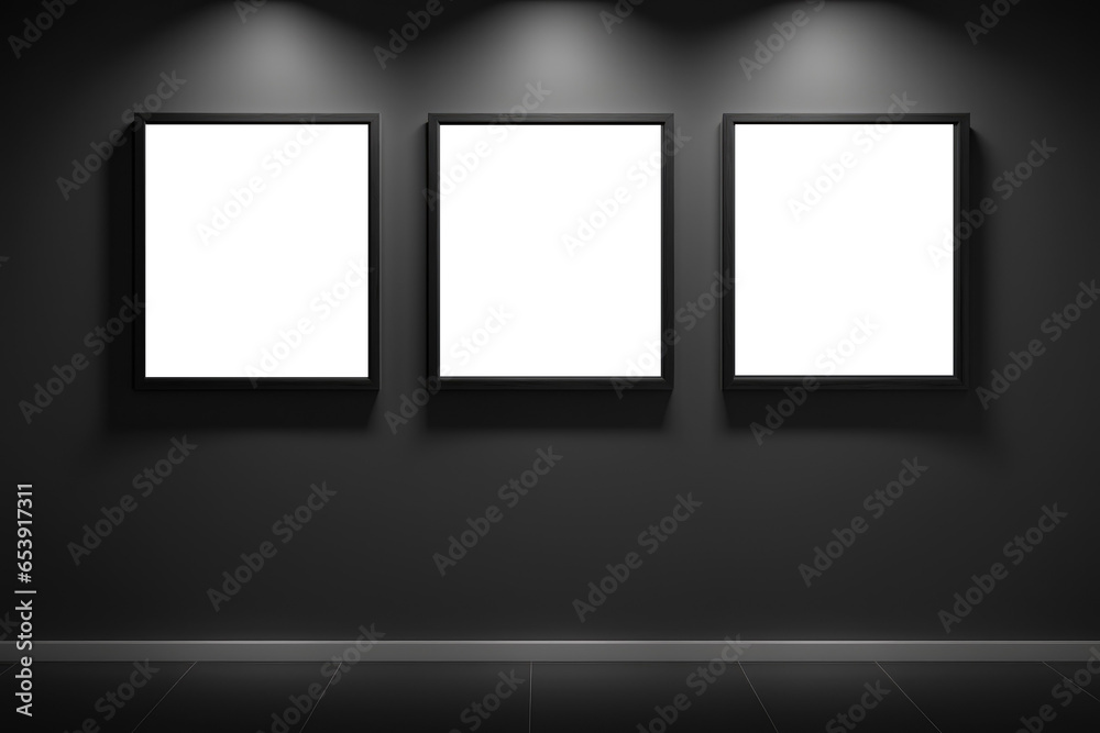 Wall art mockup. Three white canvas with black borders. Dark wall. Empty mockup frame