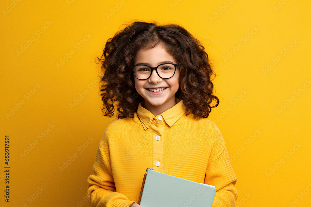 Smiling child school girl on bright yellow background Smiling child school girl on bright yellow background