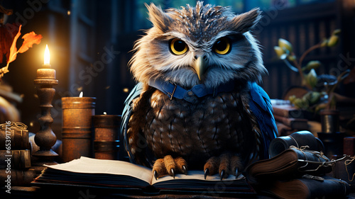 owl on a book with a feather