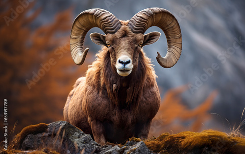 Portrait of a majestic brown ram in a rustic elegance. Brown ram with curved horns and aura of nobility in a rural landscape.