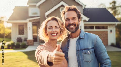 Achat maison couple heureux, signature crédit immobilier, vente immo