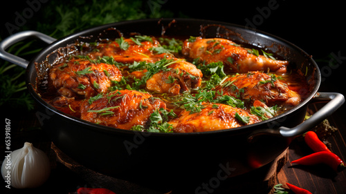 chicken wings and vegetables with parsley in pan. close up
