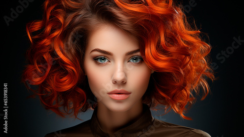 young redhead woman with beautiful curly hair and red lips
