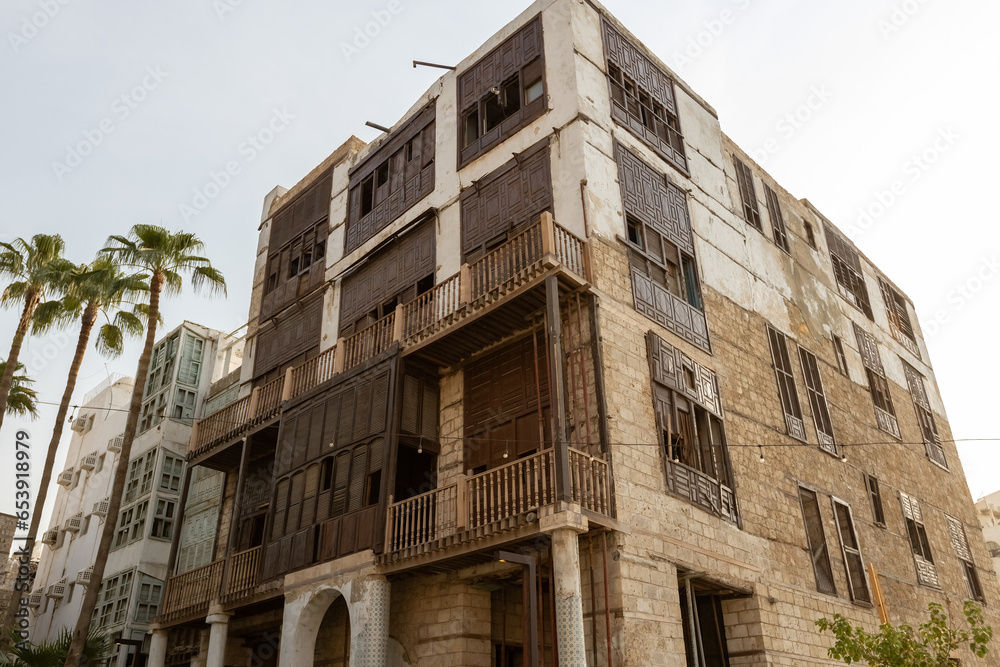 Traditional architecture of old Jeddah town El Balad district houses with wooden windows and balconies Unesco Heritage site in Jeddah Saudi Arabia Traditional architecture of old Jeddah town El Balad district houses with wooden windows and balconies Unesco Heritage site in Jeddah Saudi Arabia