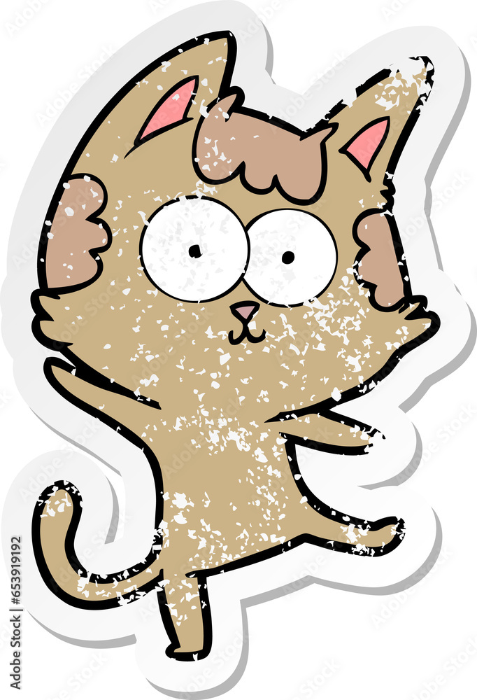 distressed sticker of a happy cartoon cat dancing distressed sticker of a happy cartoon cat dancing