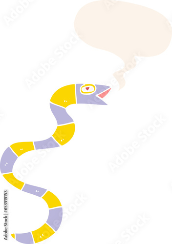 hissing cartoon snake with speech bubble in retro style