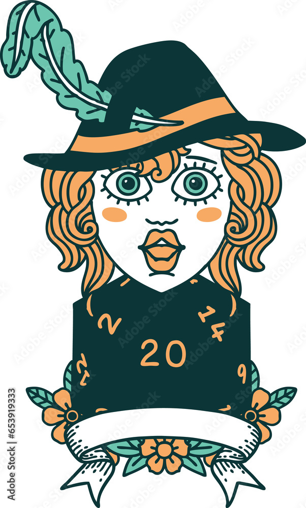 Retro Tattoo Style human bard character with natural 20 dice roll Retro Tattoo Style human bard character with natural 20 dice roll