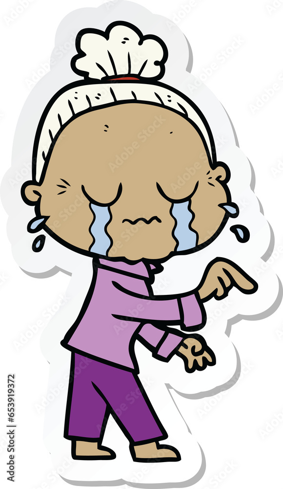 sticker of a cartoon crying old lady