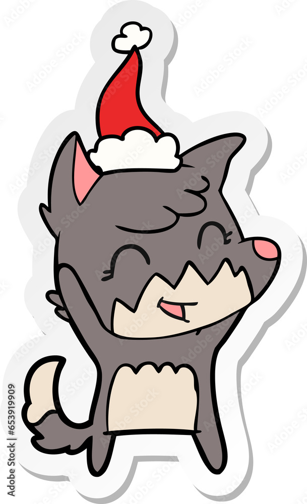 happy hand drawn sticker cartoon of a fox wearing santa hat