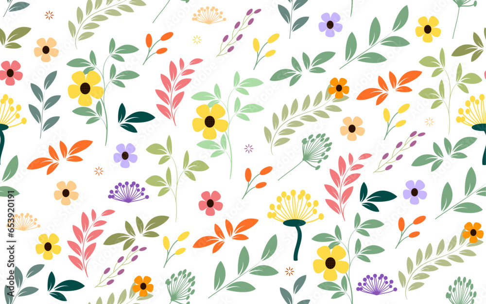 Hand drawn Floral seamless pattern ornate decorative colorful flowers, leaves branches ornamental vector spring design daisy on white background