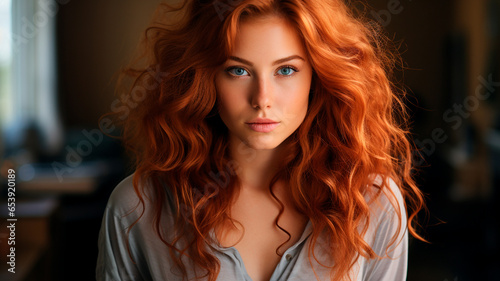 young redhead woman with red curly hair © ARAMYAN