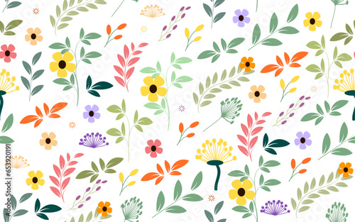 Hand drawn Floral seamless pattern ornate decorative colorful flowers  leaves branches ornamental vector spring design daisy on white background