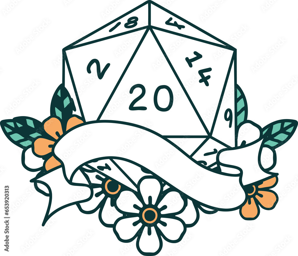 Retro Tattoo Style natural twenty D20 dice roll Retro Tattoo Style natural twenty D20 dice roll