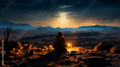 man sitting on the rock in the night sky