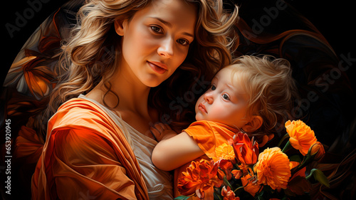 portrait of young mother and little baby