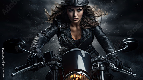 Blonde motorcyclist woman on motorcycle at night. Young driver biker looking away outdoors alone on highway. Ready for trip. Cafe racers, motorbike aesthetics