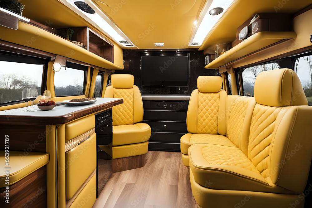 Luxury camper van interior with premium leather in elegant yellow style. Side view