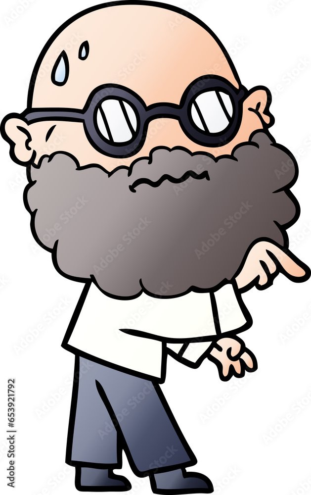 cartoon worried man with beard and spectacles pointing finger