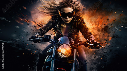 Blonde motorcyclist woman on motorcycle at night. Young driver biker looking away outdoors alone on highway. Ready for trip. Cafe racers, motorbike aesthetics