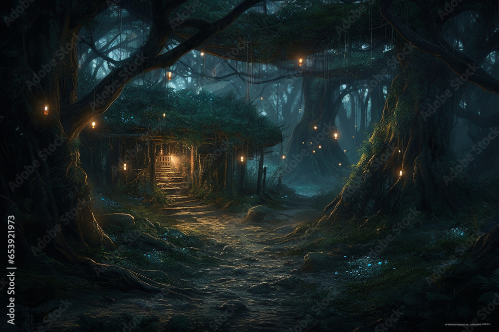 Deep within a mystical forest, luminescent fireflies form a living constellation, illuminating the path to an ancient, overgrown tree with a door to enchanted realms.