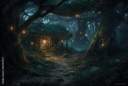 Deep within a mystical forest, luminescent fireflies form a living constellation, illuminating the path to an ancient, overgrown tree with a door to enchanted realms. © DLC