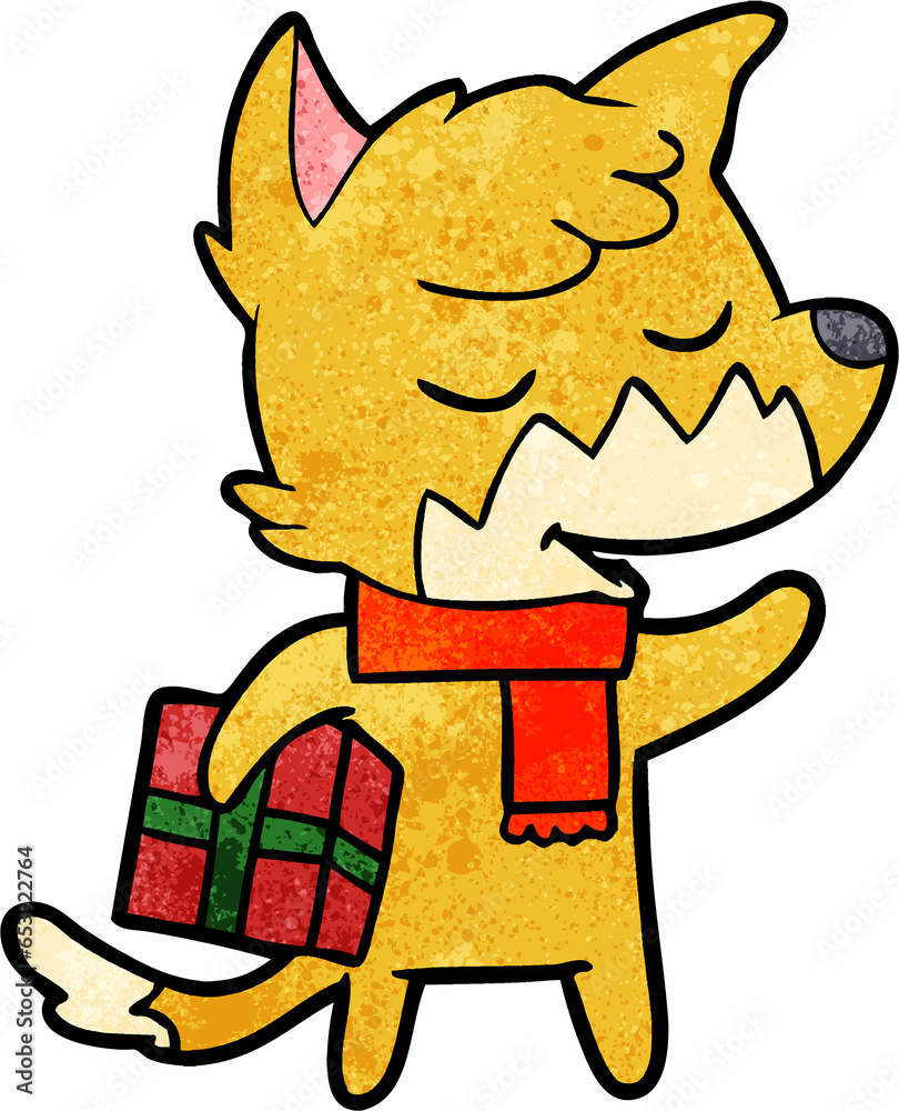 Obraz premium friendly cartoon fox with christmas present