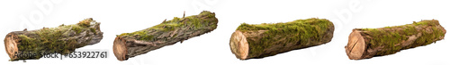 Cut long tree logs wood covered in green foliage and moss  deforestation  isolated on transparent background generative ai