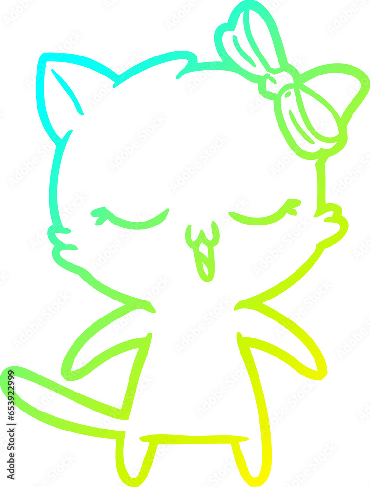 cold gradient line drawing of a cartoon cat with bow on head cold gradient line drawing of a cartoon cat with bow on head