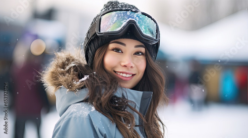 Attractive Asian woman in ski resort.