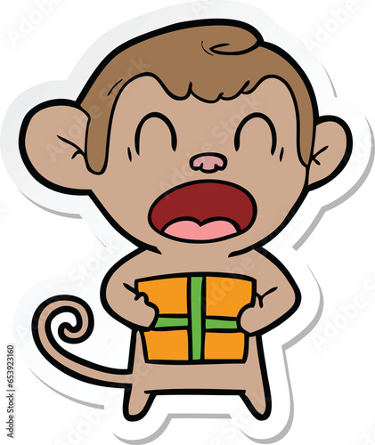 sticker of a shouting cartoon monkey carrying christmas gift