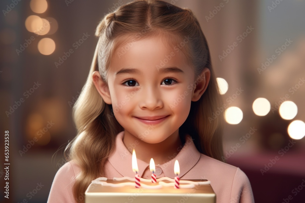 A sweet image of a little girl holding a birthday cake with lit candles. Perfect for birthday celebrations and cake cutting moments.