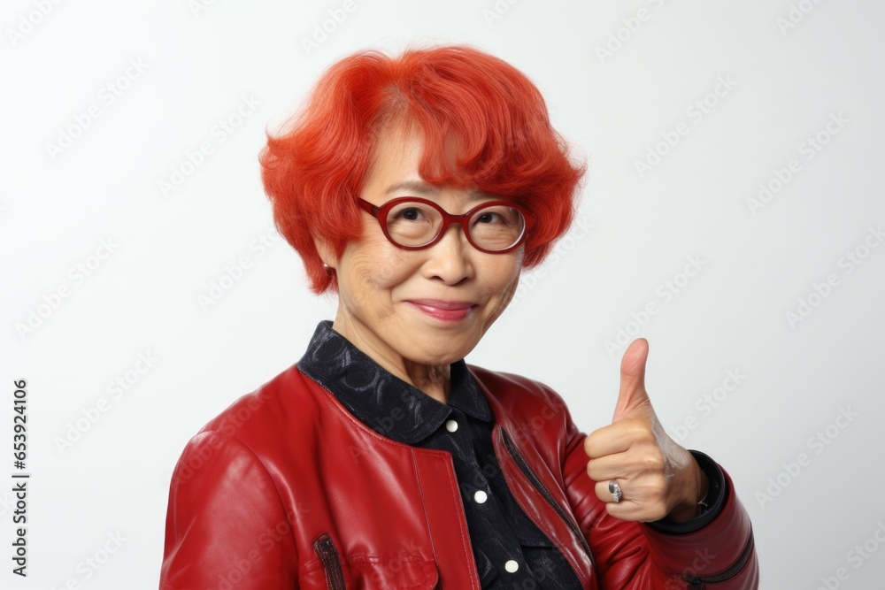 A woman with red hair and glasses giving a thumbs up. This image can be used to convey positivity, approval, success, or agreement in various contexts.