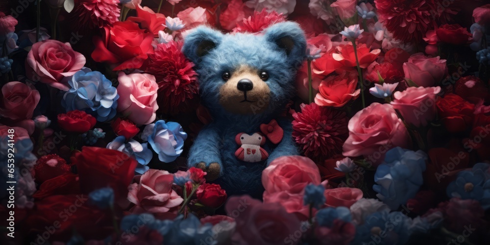 Teddy Bear Stands Beside a Large Group of Different Colored Flower Arrangements, Creating a Cute and Vibrant Display of Floral Diversity. Teddy Bear Stands Beside a Large Group of Different Colored Flower Arrangements, Creating a Cute and Vibrant Display of Floral Diversity.