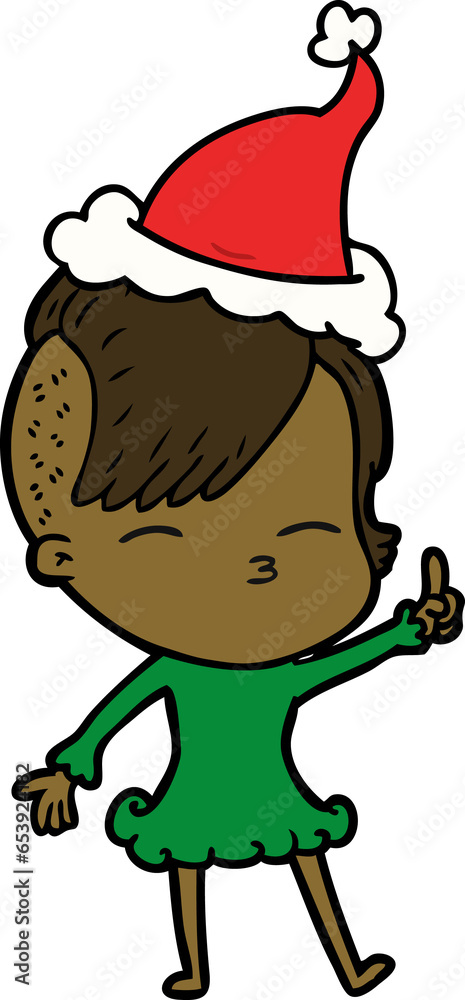 hand drawn line drawing of a squinting girl wearing santa hat hand drawn line drawing of a squinting girl wearing santa hat