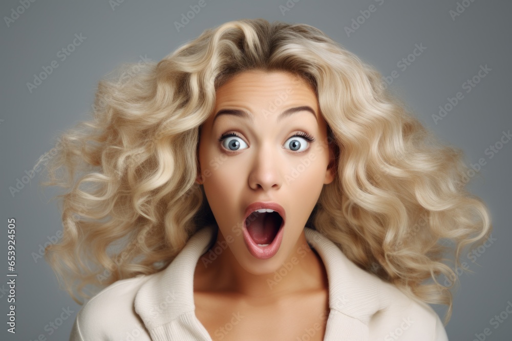 A woman with a surprised look on her face. This image can be used to depict shock, disbelief, or astonishment in various contexts.