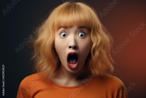 A woman with a surprised expression on her face. Suitable for illustrating shock, astonishment, or unexpected events.