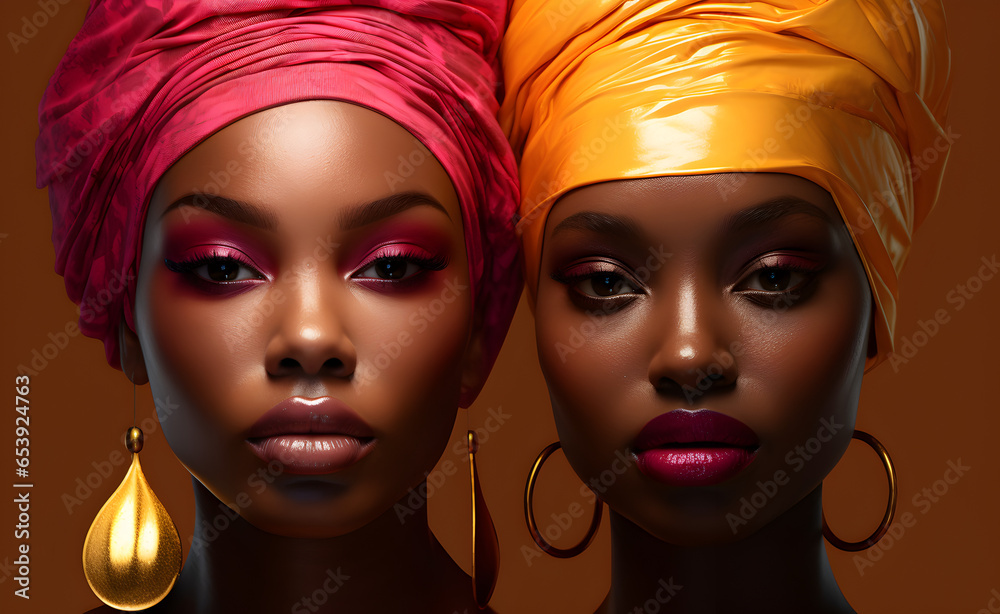 Obraz premium Closeup portrait of a two beautiful African American woman with yellow and pink makeup and head wraps. 