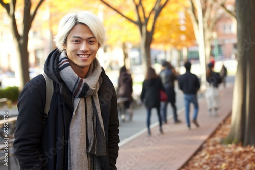 A man standing on a sidewalk wearing a scarf around his neck. Suitable for fashion, winter, cold weather, and urban lifestyle themes.