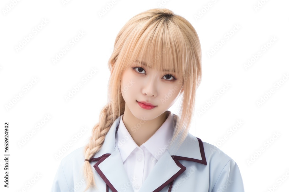 A woman with long blonde hair is pictured wearing a school uniform. This image can be used to represent a student, education, or back-to-school themes. A woman with long blonde hair is pictured wearing a school uniform. This image can be used to represent a student, education, or back-to-school themes.