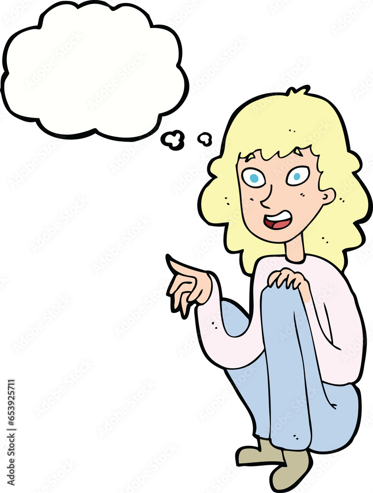 cartoon happy woman sitting and pointing with thought bubble cartoon happy woman sitting and pointing with thought bubble