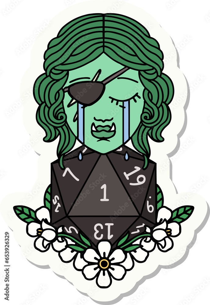 sticker of a crying half orc rogue character with natural one D20 roll sticker of a crying half orc rogue character with natural one D20 roll