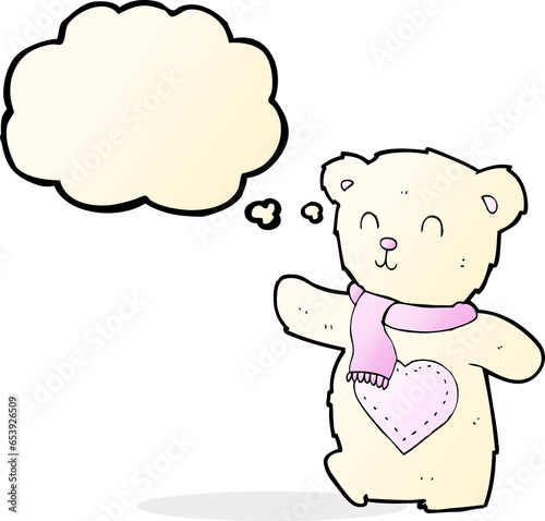 cartoon white teddy bear with love heart with thought bubble