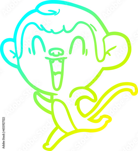 cold gradient line drawing of a cartoon laughing monkey